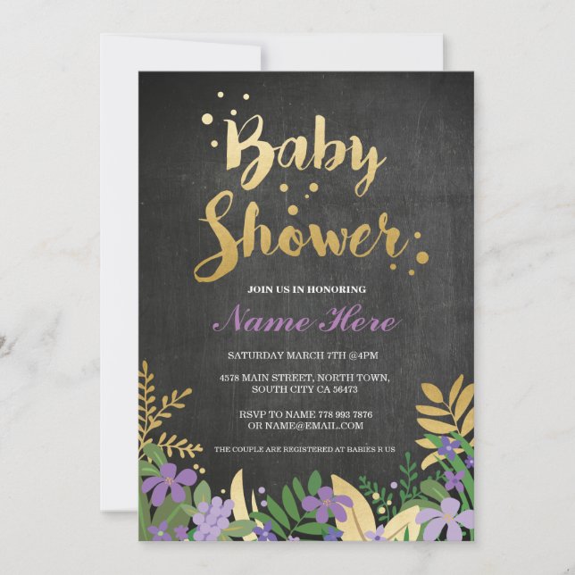baby shower fille garçon Invitation or violet rose (Devant)
