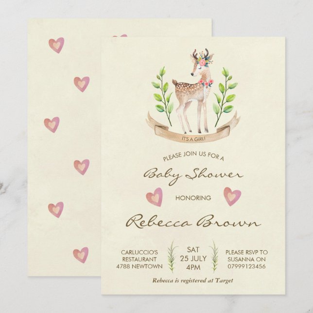 baby shower fille invitation bois cerf de forêt (Devant / Derrière)