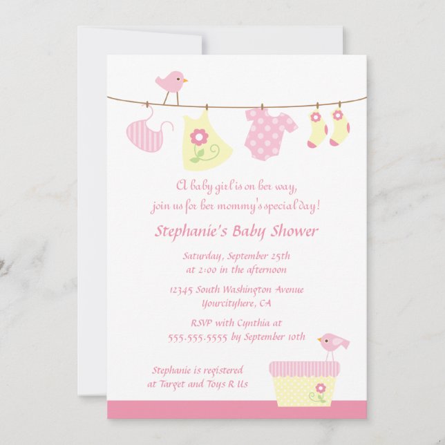 Baby shower fille oiseaux de lessive invitation (Devant)