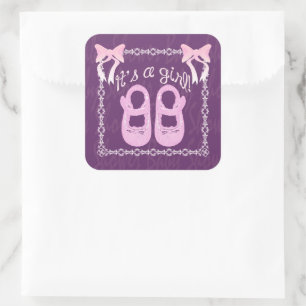 Baby shower fille violet carré autocollant