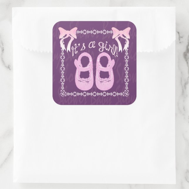 Baby shower fille violet carré autocollant (Sac)