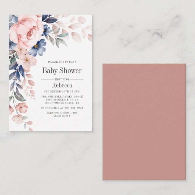Baby shower Fleur bleu rose Floral Invitation (Devant / Derrière)
