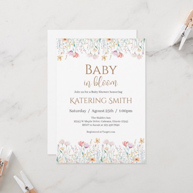 Baby shower fleuri Boho Invitation fille (Devant/Arrière en situation)