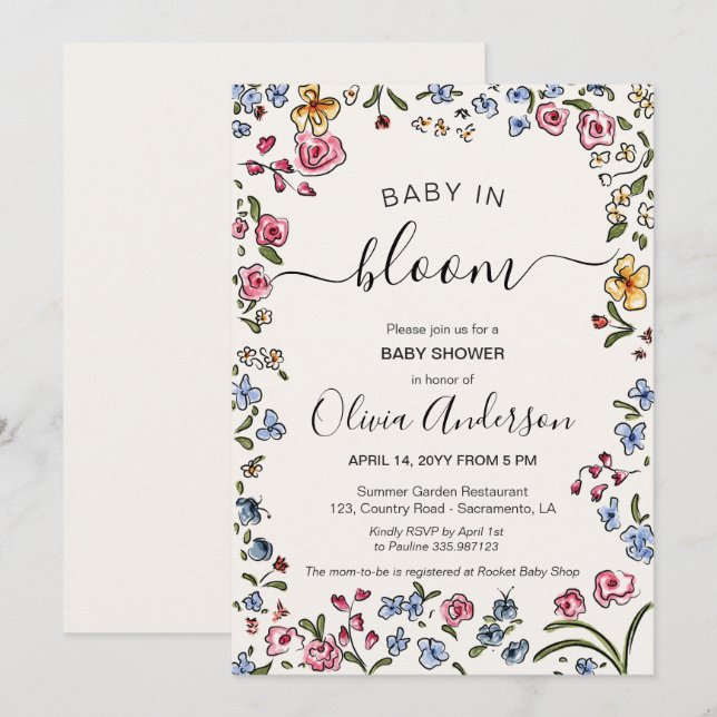 baby shower fleuri crème élégant invitation (Devant / Derrière)