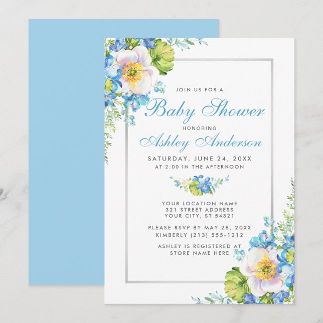 Baby shower Floral Aquarelle Bleue Invitation (Devant / Derrière)