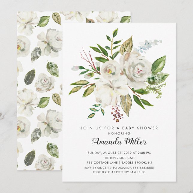 baby shower floral blanc Invitation (Devant / Derrière)