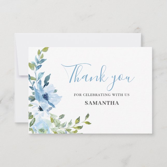 Baby shower floral bleu Carte de remerciements pla (Devant)