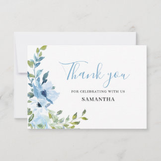 Baby shower floral bleu Carte de remerciements pla