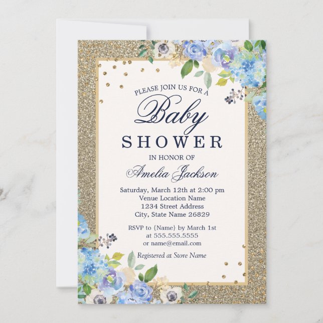 Baby shower floral bleu or  Invitation (Devant)