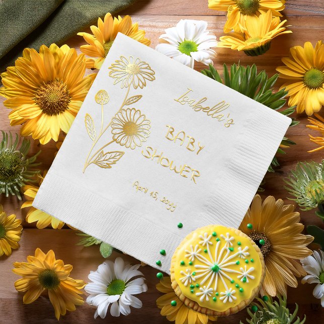 Baby shower floral de Daisies (Elegant Daisy Floral Outline Girl Baby Shower Stamped Foil Napkins)