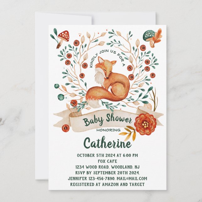 Baby shower floral de renard mignon Invitation (Devant)
