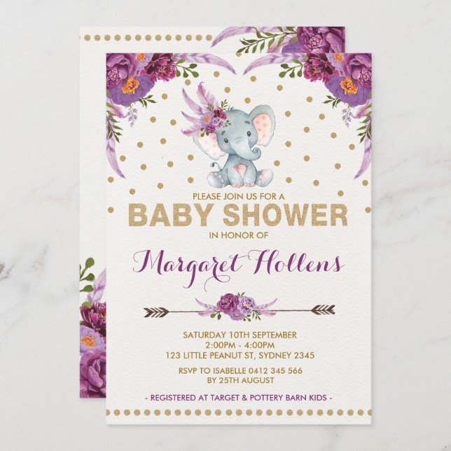Baby shower floral Eléphant Boho violet Invitation (Devant / Derrière)