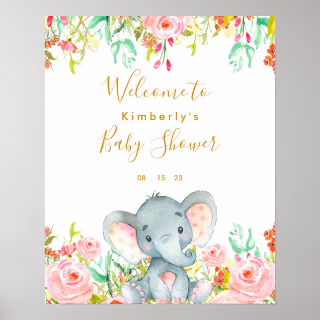 Baby shower floral Elephant fille Affiche de bienv (Devant)