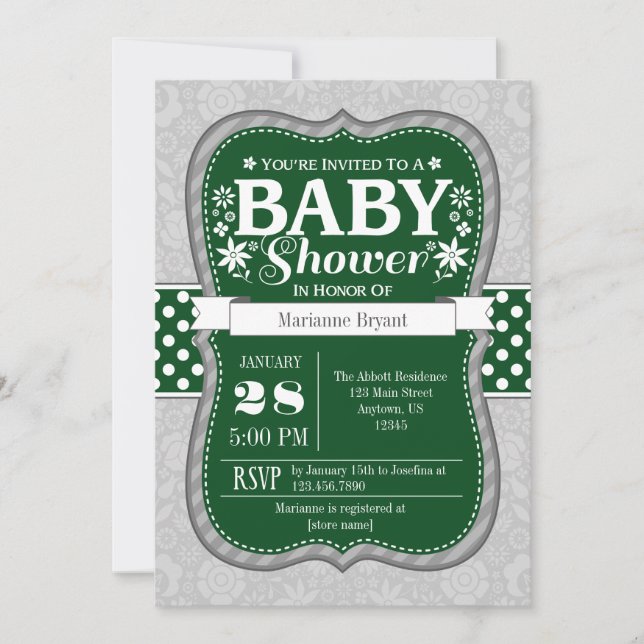 Baby shower floral gris foncé Invitation (Devant)