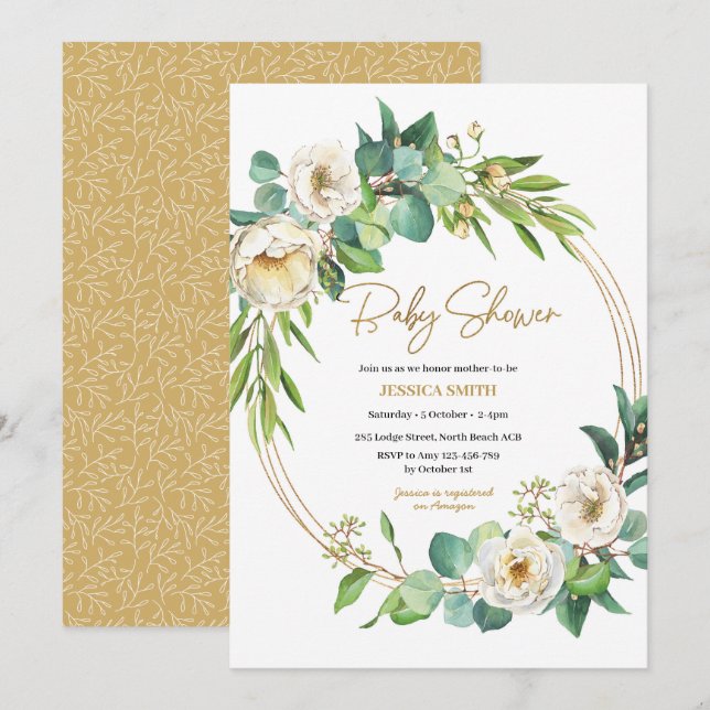 Baby shower floral or et blanc Invitation (Devant / Derrière)