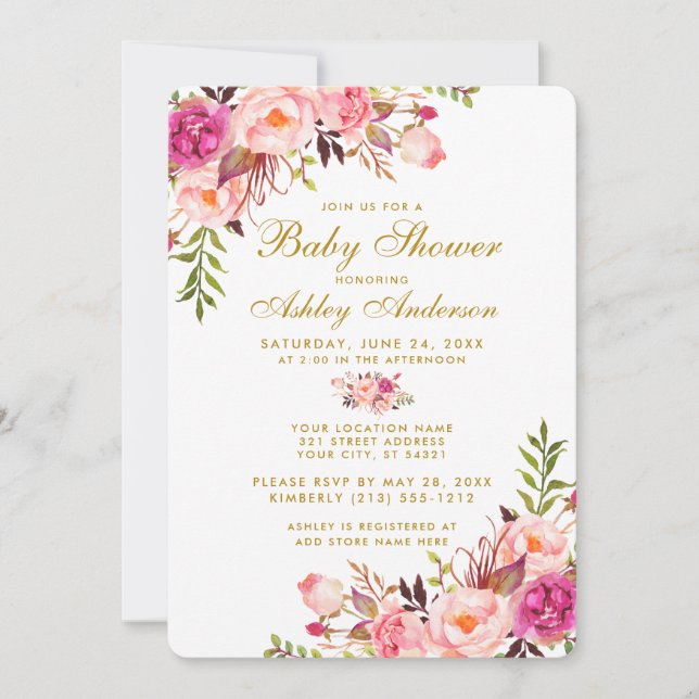 Baby shower Floral Rose Blush or Invitation R (Devant)