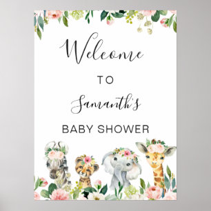Baby shower Floral Safari Animaux Affiche de bienv