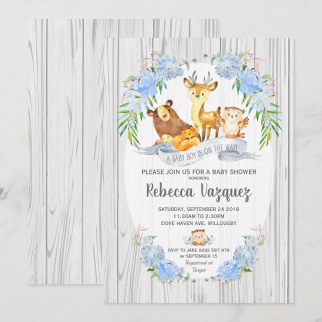 Baby shower Floral Woodland Animals Invitation Gar (Devant / Derrière)