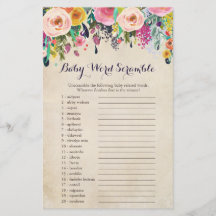 Baby shower Floral Word Scramble Cartes de jeu