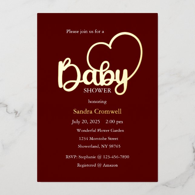 Baby Shower Foil Einladung, Script, Herz Folieneinladung (Vorderseite)
