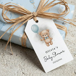 Baby Shower for Boy Blue Balloon, Teddy Bear & Bow Geschenkanhänger