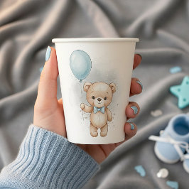 Baby Shower for Boy Blue Balloon, Teddy Bear & Bow Pappbecher
