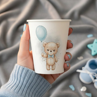 Baby Shower for Boy Blue Balloon, Teddy Bear & Bow Pappbecher