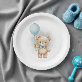 Baby Shower for Boy Blue Balloon , Teddy Bear Bow Pappteller
