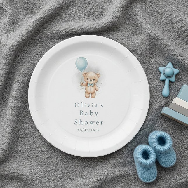 Baby Shower for Boy Blue Balloon , Teddy Bear Bow Pappteller (Von Creator hochgeladen)