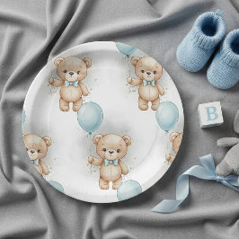 Baby Shower for Boy Blue Balloon , Teddy Bear Bow Pappteller