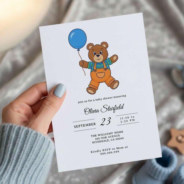Baby Shower for Boy Blue Balloon, Teddy Bear   Einladung (Von Creator hochgeladen)
