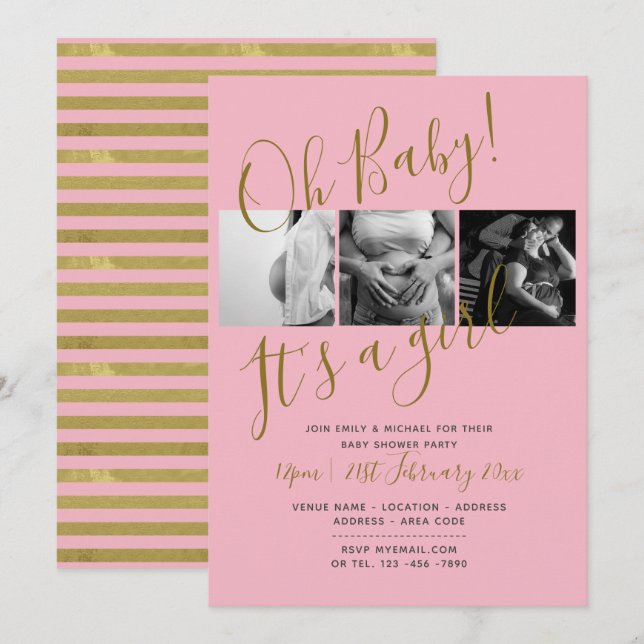 Baby Shower Foto Collage Einladung BLUSH PINK (Vorne/Hinten)