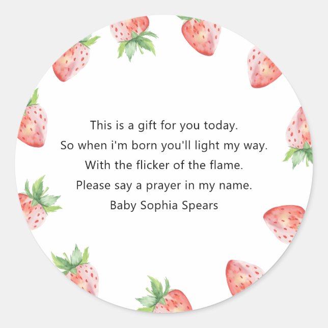 Baby shower fraise - étiquette de la bougie de pri (Devant)