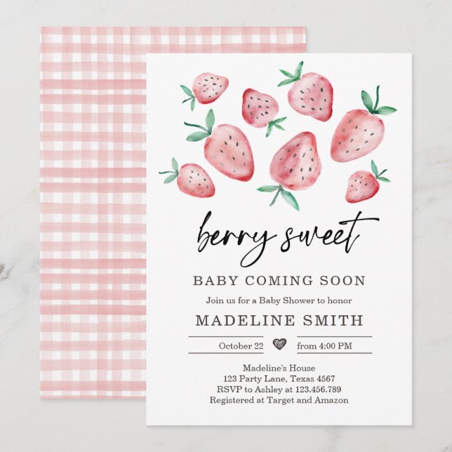Baby shower fraise Invitation Berry Sweet Baby (Devant / Derrière)