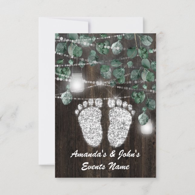 Baby SHOWER füttert rustikales Grünholz Silber Einladung (Rückseite)