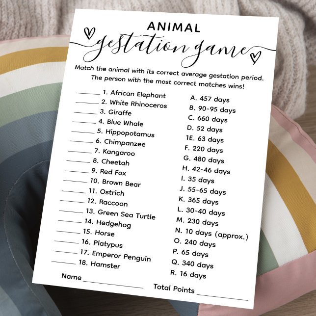 Baby Shower Game Animal Gestation Card Einladung (Von Creator hochgeladen)