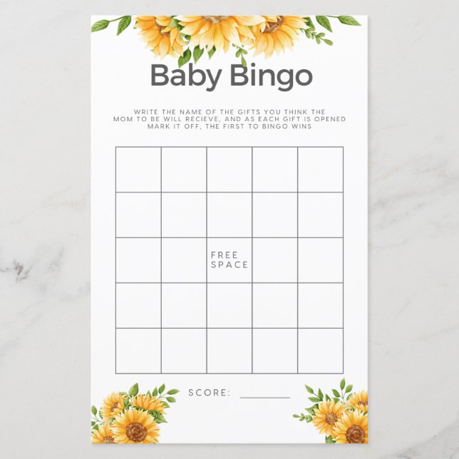 Baby Shower Game Baby Bingo Gelbe Sonnenblumen (Vorderseite)