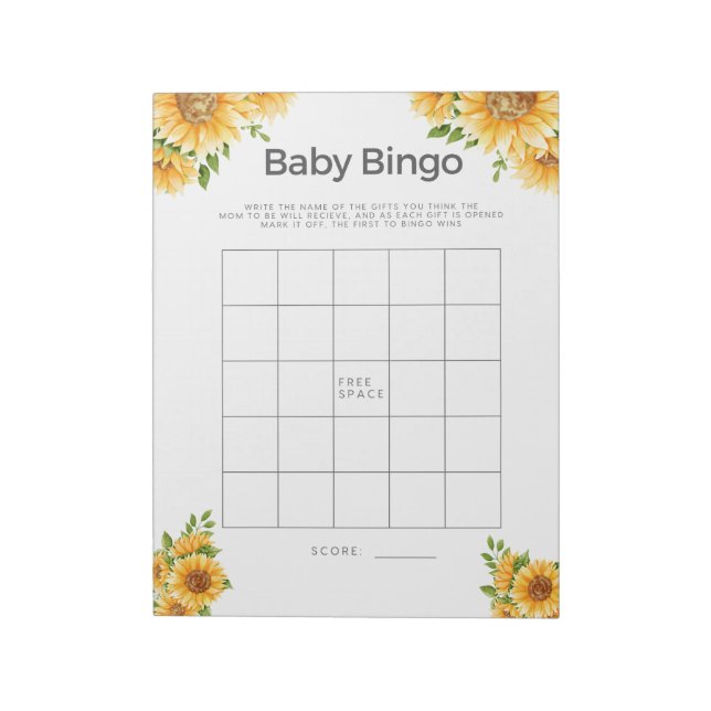 Baby Shower Game Baby Bingo Gelbe Sonnenblumen Notizblock (Rotiert)