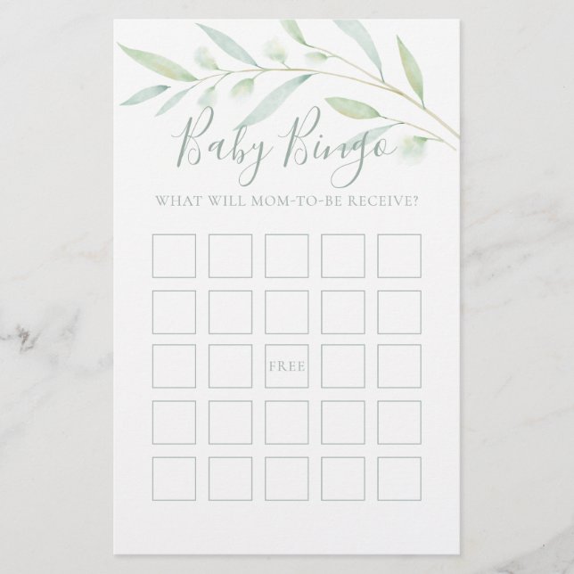Baby Shower Game Baby Bingo Greenery Watercolor (Vorderseite)