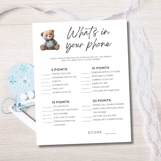 Baby Shower Game Baby Boy Was ist in Ihrem Telefon (Baby Shower Game for Baby Boy Shower Baby Bear. What's in your phone)