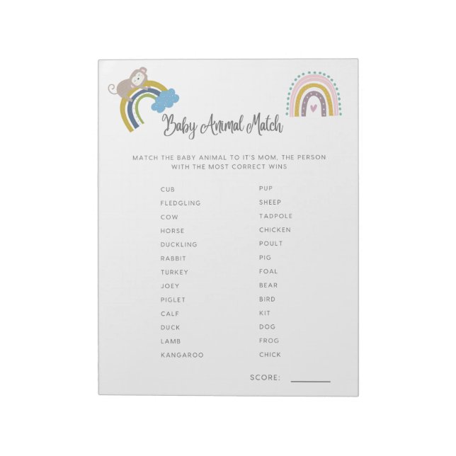 Baby Shower Game Baby Match Gender Neutral Notizblock (Rotiert)
