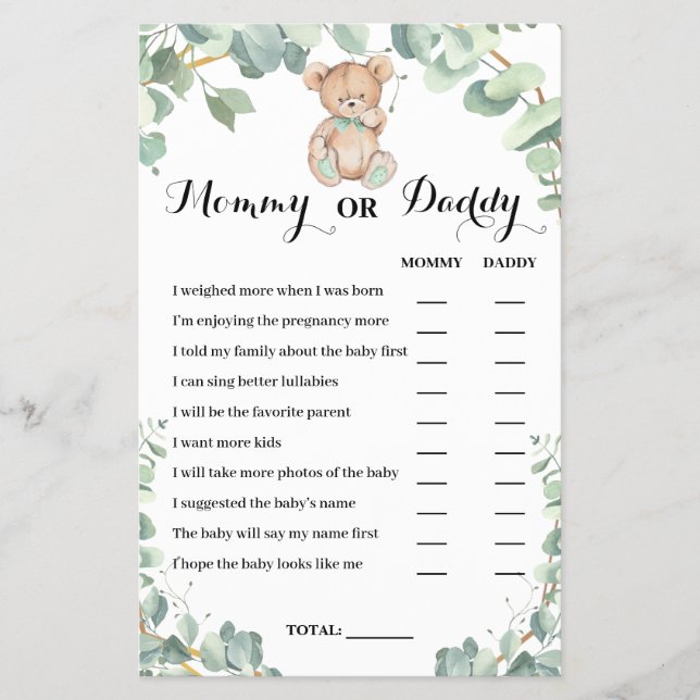 Baby Shower Game Card Mommy oder Daddy Bear Greene Flyer (Vorne)