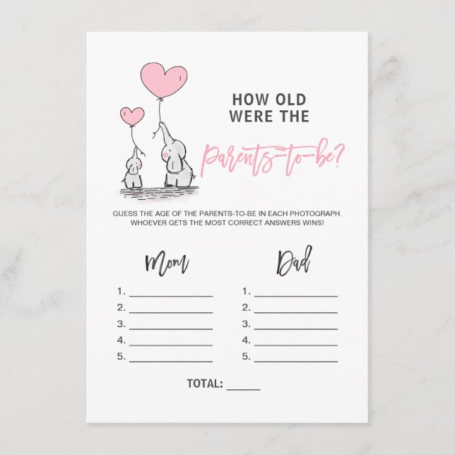 BABY SHOWER GAME Elephant - Wie alt Eltern Foto Begleitkarte (Vorderseite)