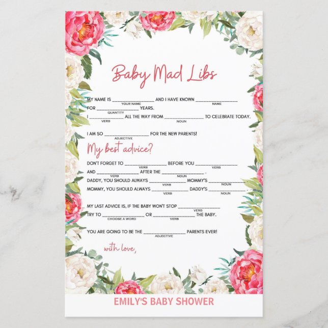 Baby Shower Game Pink und Ivory Florals (Vorderseite)