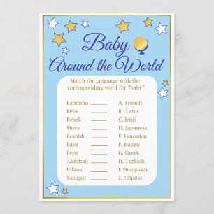 Baby Shower Game Rund um die World Blue Gold Stars Einladung