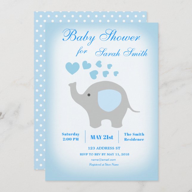 Baby shower garçon Blue Elephant Invitation (Devant / Derrière)