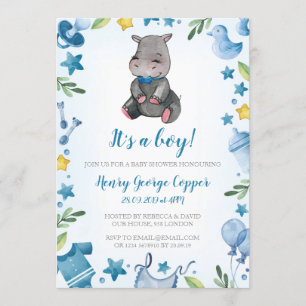 Baby shower Garçon Invitation Hippo