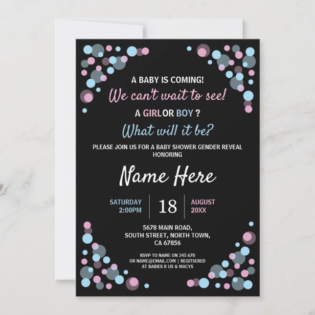 Baby Shower Gender offenbaren rosa blaue Punkte la Einladung (Vorderseite)