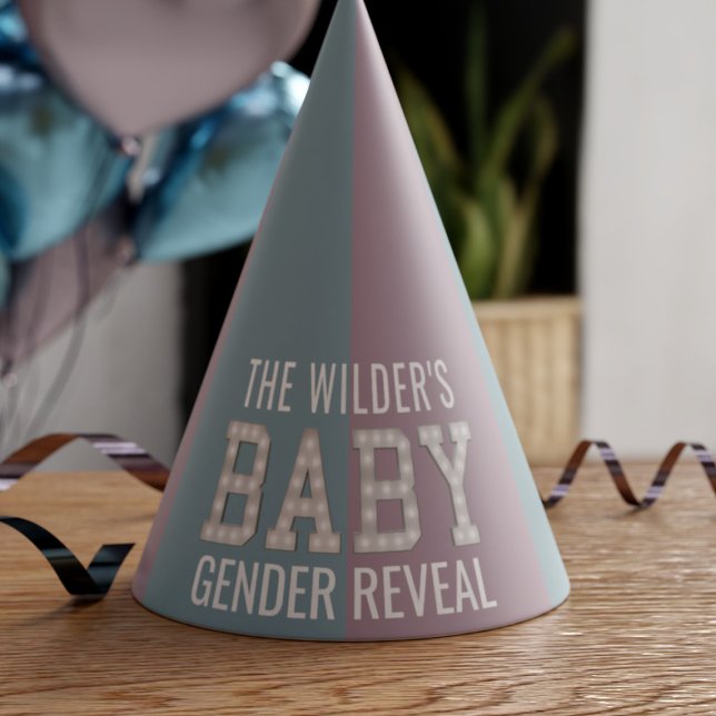 Baby Shower Gender Offenlegung Paper Party Hat Partyhütchen (Gender Reveal Party hats just for you. Add your family name)
