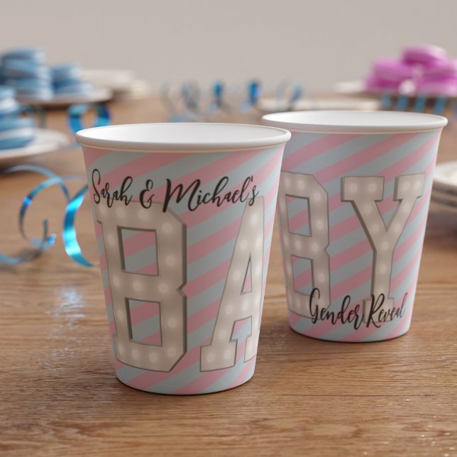Baby Shower Gender Offenlegung Papier Cup Pappbecher (Pink and Blue Gender Reveal paper cups with space for your name)